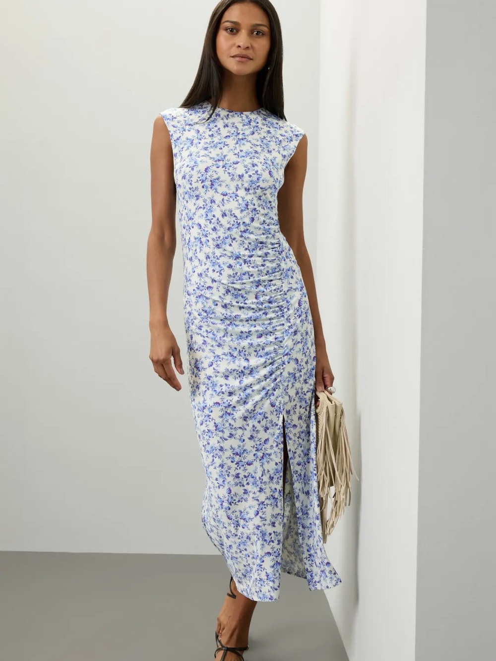 Maje Floral Sleeveless Ruched Midi Dress, Blue/White, Size 42